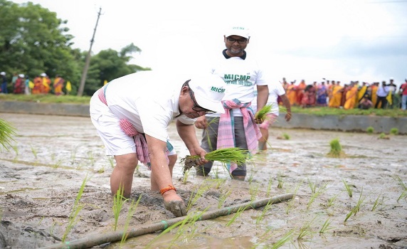 Tripura Agriculture minister Ratanlal Nath joins farmers in paddy plantation.